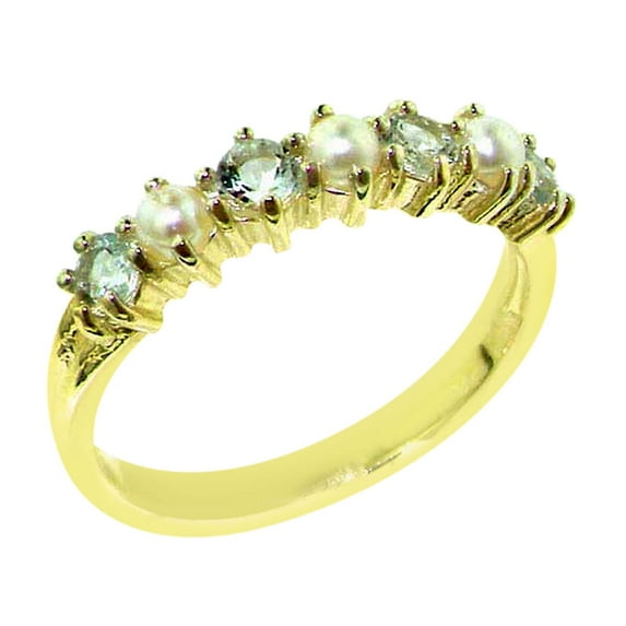 LBG 14k Yellow Gold Cultured Pearl & Aquamarine Womans Eternity Promise Ring - Size 7.5