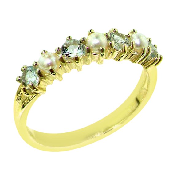 LBG 14k Yellow Gold Cultured Pearl & Aquamarine Womans Eternity Ring - Size 5