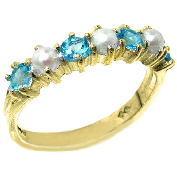 LBG 14k Yellow Gold Cultured Pearl & Blue Topaz Womans Eternity Ring - Size 10.25