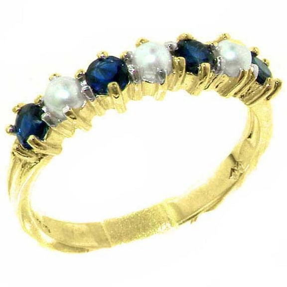 LBG 14k Yellow Gold Cultured Pearl & Sapphire Womans Eternity Ring - Size 7