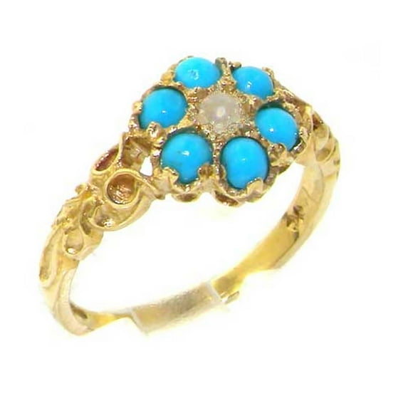 LBG 14k Yellow Gold Cultured Pearl and Turquoise Womens Band Ring - Size 5