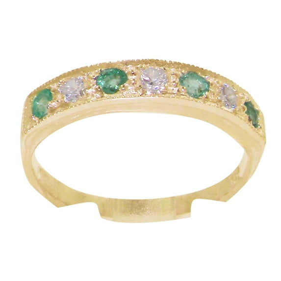 LBG 14k Yellow Gold Natural Diamond and Emerald Womens Band Ring (0.18 cttw, H-I Color, I2-I3 Clarity)