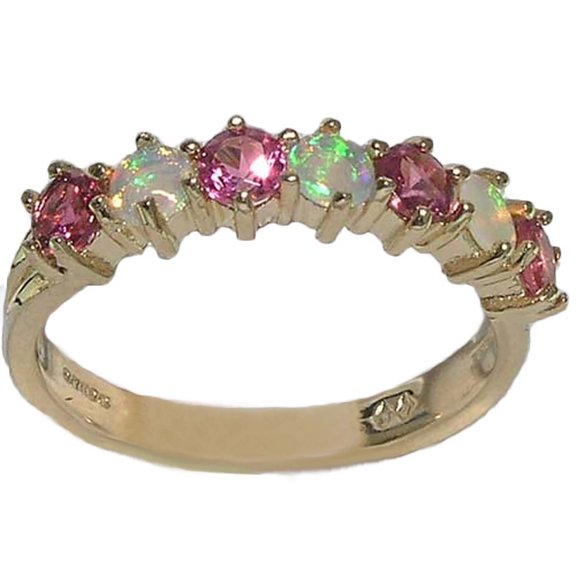 LBG 14k Yellow Gold Natural Opal & Pink Tourmaline Womans Eternity Ring - Size 6.25
