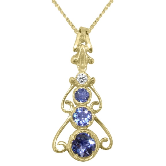 LBG 14k Yellow Gold Natural Tanzanite & Cubic Zirconia Womens Bohemian Pendant & Chain - Chain length 18