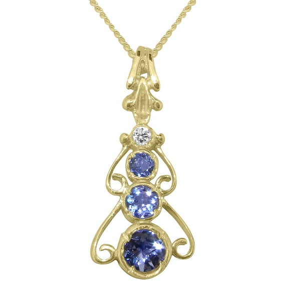 LBG 14k Yellow Gold Natural Tanzanite & Diamond Womens Bohemian Pendant & Chain - Chain length 18