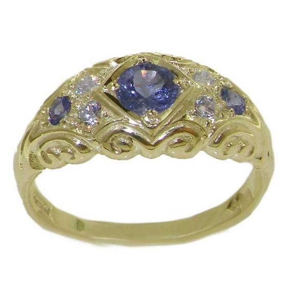 LBG 14k Yellow Gold Natural Tanzanite and Diamond Womens Band Ring (0.16 cttw, H-I Color, I2-I3 Clarity) - size 9.5