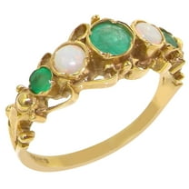 LBG 14k Yellow Gold Real Genuine Emerald and Opal Womens Band Ring - Size 10
