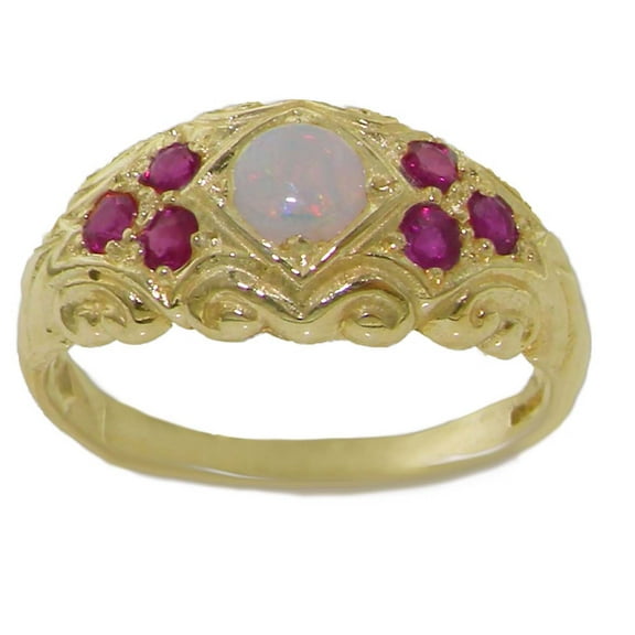 LBG 14k Yellow Gold Real Genuine Opal and Ruby Womens Band Ring - Size 10