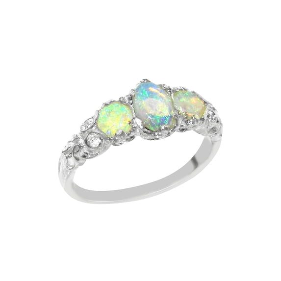 LBG 18K White Gold Natural Australian Opal Womens English Vintage Style Three Stone Ring - Size 11.25