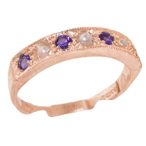 LBG 18k Rose Gold Cultured Pearl & Amethyst Womens Eternity Ring - 5 - Sizes 4 to 12 Available
