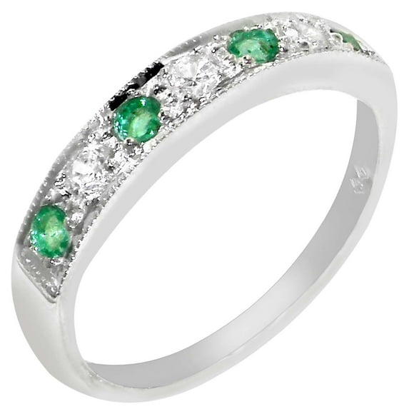 LBG 18k White Gold CubicZirconia and Emerald Womens Band Ring - Sizes 4 to 12 Available