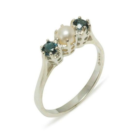 LBG 18k White Gold Cultured Pearl & London Blue Topaz Womens Engagement Ring - Size 8.5