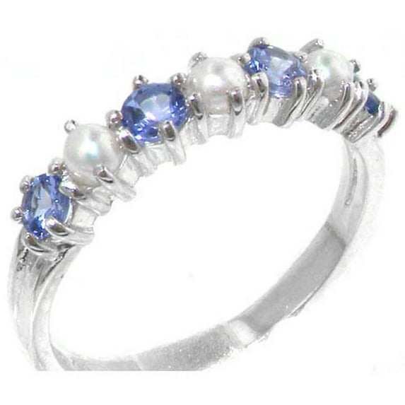 LBG 18k White Gold Cultured Pearl & Tanzanite Womans Eternity Ring - Size 11.5