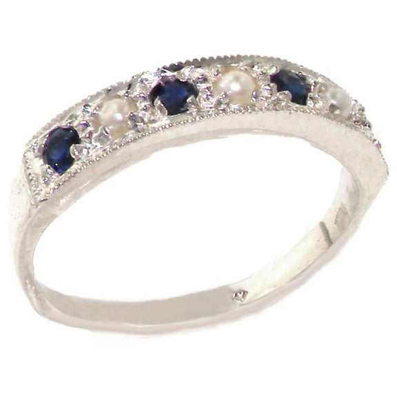 LBG 18k White Gold Cultured Pearl and Sapphire Womens Band Ring - Sizes 4 to 12 Available
