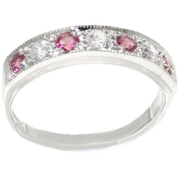 LBG 18k White Gold Natural Diamond and Pink Tourmaline Womens Band Ring (0.18 cttw, H-I Color, I2-I3 Clarity)