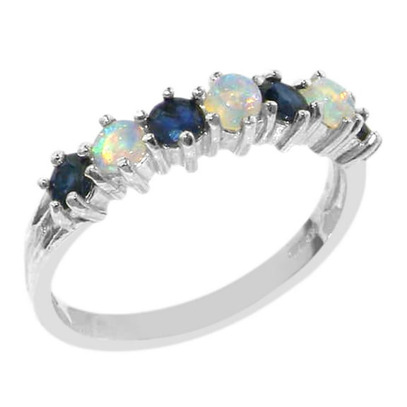 LBG 18k White Gold Natural Opal & Sapphire Womans Wedding Ring - Size 10.5