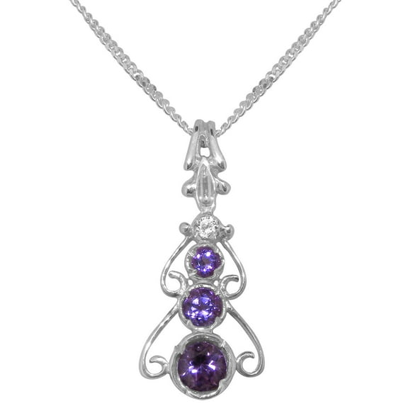 LBG 18k White Gold Pendant & Chain with Genuine Amethyst & Diamond Womens Bohemian Pendant & Chain - Chain length 16