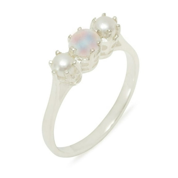 LBG 18k White Gold ring with Natural Opal & Cultured Pearl Womens Engagement Ring - Size 9.75