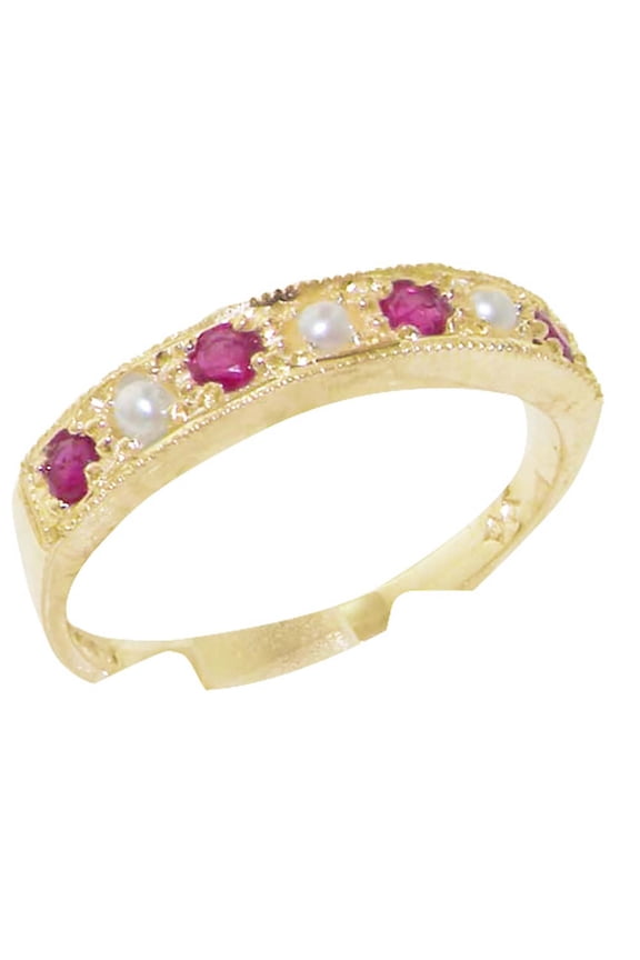 LBG 18k Yellow Gold Cultured Pearl and Ruby Womens Band Ring - Sizes 4 to 12 Available