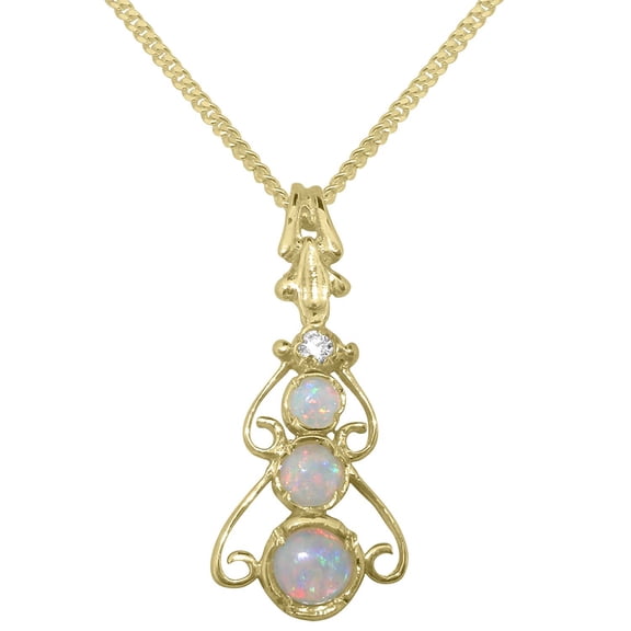 LBG 18k Yellow Gold Natural Opal & Diamond Womens Bohemian Pendant & Chain - Chain length 18