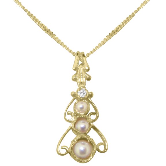 LBG 18k Yellow Gold Pendant & Chain with Cultured Pearl & Diamond Womens Bohemian Pendant & Chain - Chain length 16