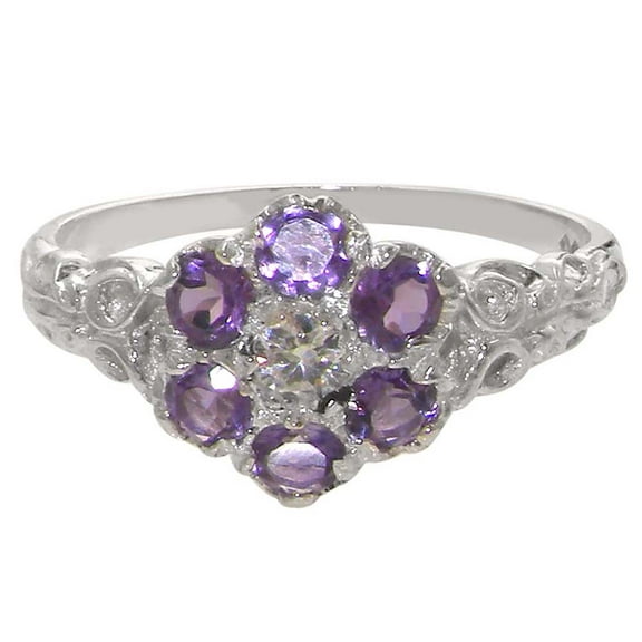 LBG 925 Sterling Silver Cubic Zirconia and Real Genuine Amethyst Womens Anniversary Ring - Size 8