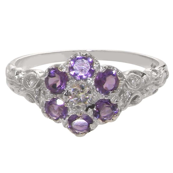 LBG 925 Sterling Silver Cubic Zirconia and Real Genuine Amethyst Womens Band Ring - Size 10