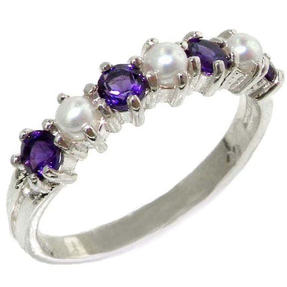 LBG 925 Sterling Silver Cultured Pearl & Amethyst Womens Band Ring - Size 10