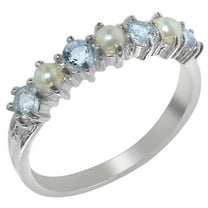 LBG 925 Sterling Silver Cultured Pearl & Aquamarine Womans Eternity Band Ring - Size 10