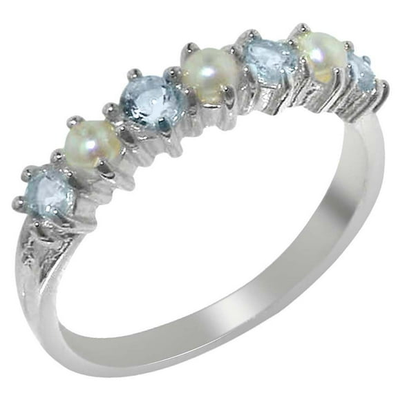 LBG 925 Sterling Silver Cultured Pearl & Aquamarine Womans Eternity Ring - Size 9.75