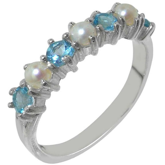 LBG 925 Sterling Silver Cultured Pearl & Blue Topaz Womans Eternity Ring - Size 7.25