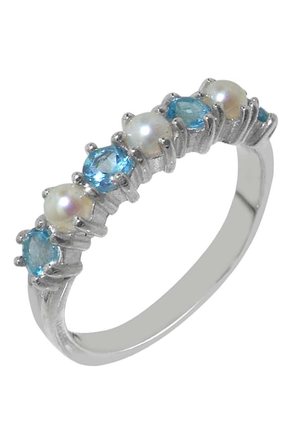 LBG 925 Sterling Silver Cultured Pearl & Blue Topaz Womans Eternity Ring - Size 9.75