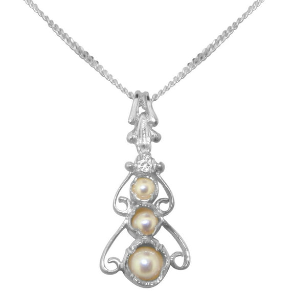 LBG 925 Sterling Silver Cultured Pearl & Diamond Womens Bohemian Pendant & Chain - Chain length 18