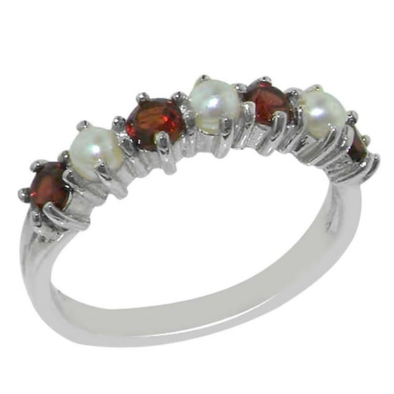 LBG 925 Sterling Silver Cultured Pearl & Garnet Womans Eternity Ring - Size 7.25