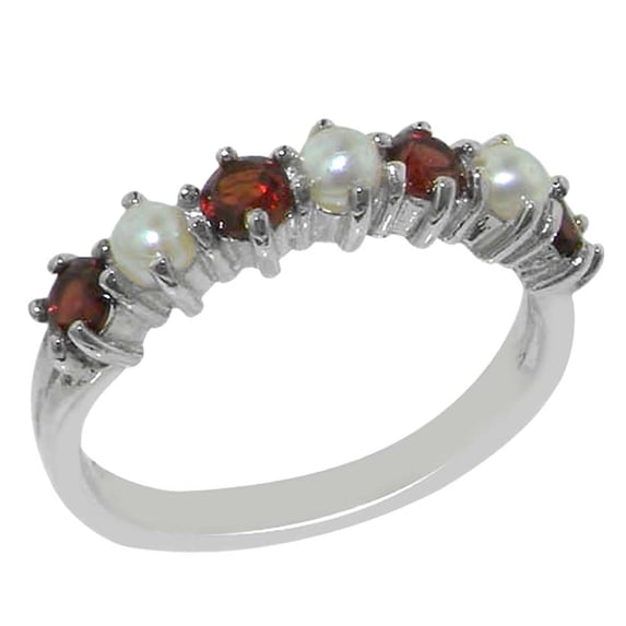 LBG 925 Sterling Silver Cultured Pearl & Garnet Womans Eternity Ring - Size 7