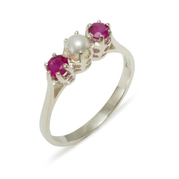 LBG 925 Sterling Silver Cultured Pearl & Ruby Womens Anniversary Ring - Size 10
