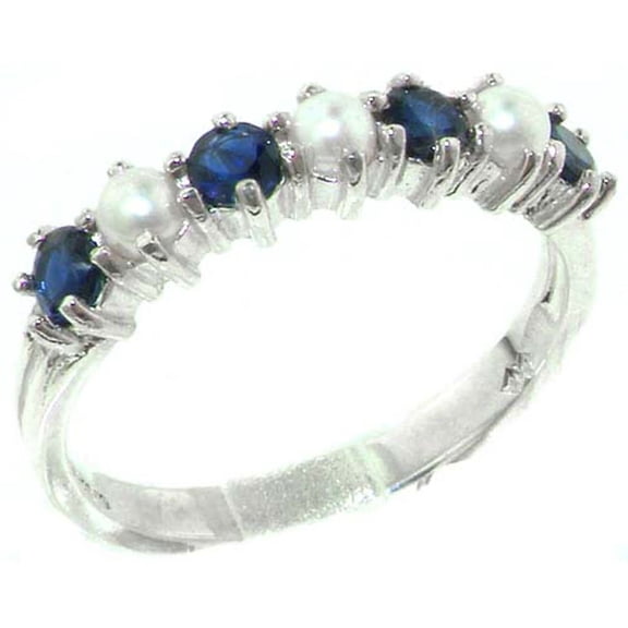 LBG 925 Sterling Silver Cultured Pearl & Sapphire Womans Eternity Ring - Size 9.5