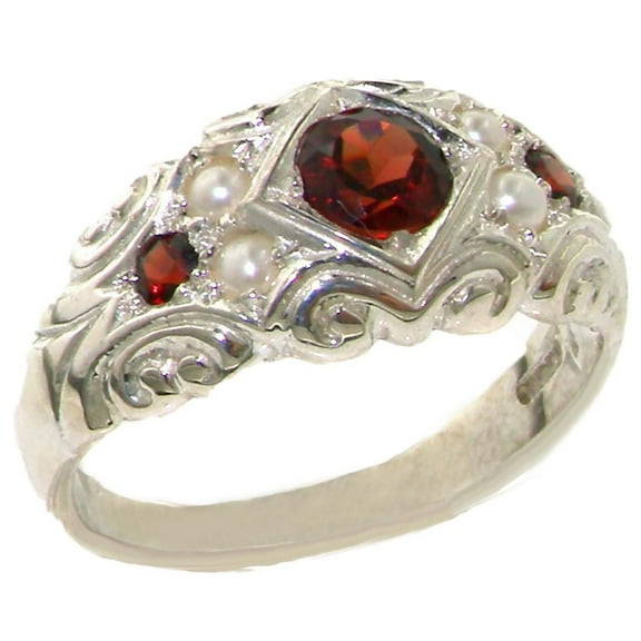 LBG 925 Sterling Silver Cultured Pearl and Real Genuine Garnet Womens Band Ring - Size 10