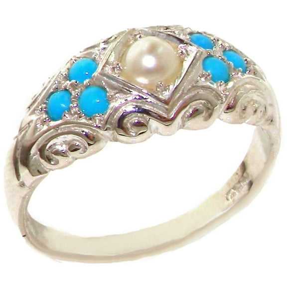 LBG 925 Sterling Silver Cultured Pearl and Turquoise Womens Band Ring - Size 10