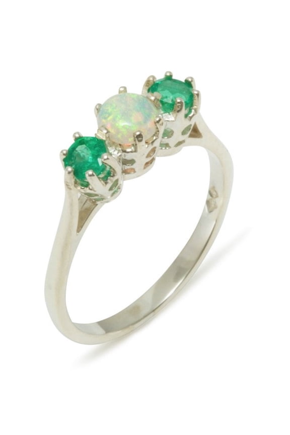 LBG 925 Sterling Silver Genuine Natural Opal & Emerald Womens Statement Ring - Size 5.5