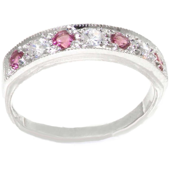 LBG 925 Sterling Silver Natural Diamond and Pink Tourmaline Womens Band Ring (0.18 cttw, H-I Color, I2-I3 Clarity)