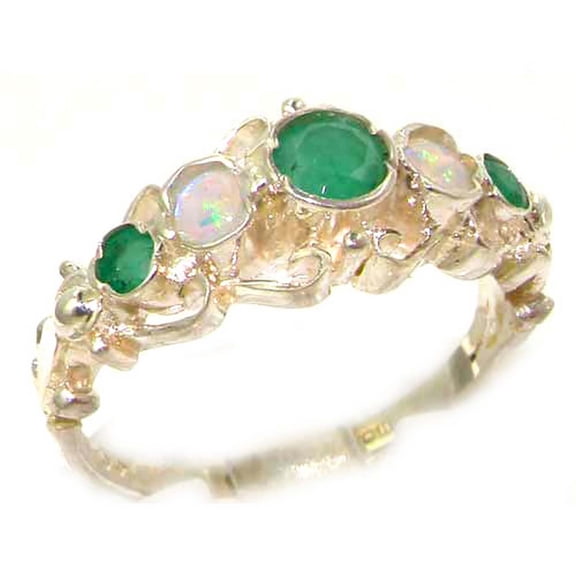LBG 925 Sterling Silver Natural Emerald and Opal Womens Band Ring - Size 10.75