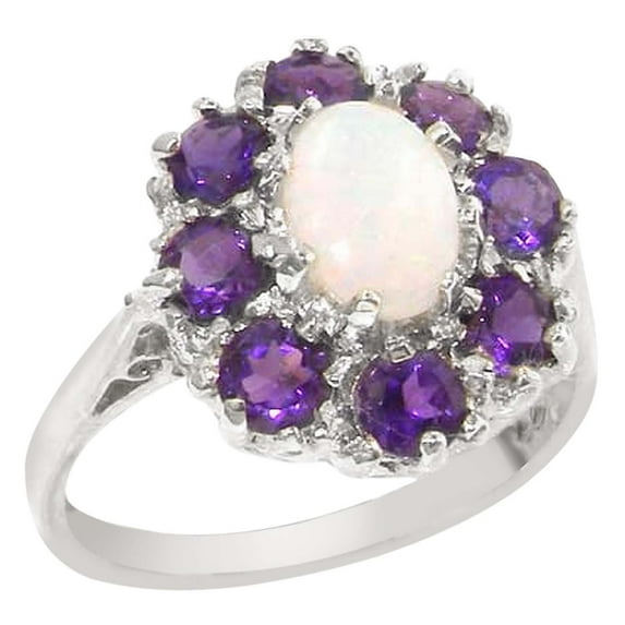 LBG 925 Sterling Silver Natural Opal and Amethyst Womens Cluster Ring - Size 7.75