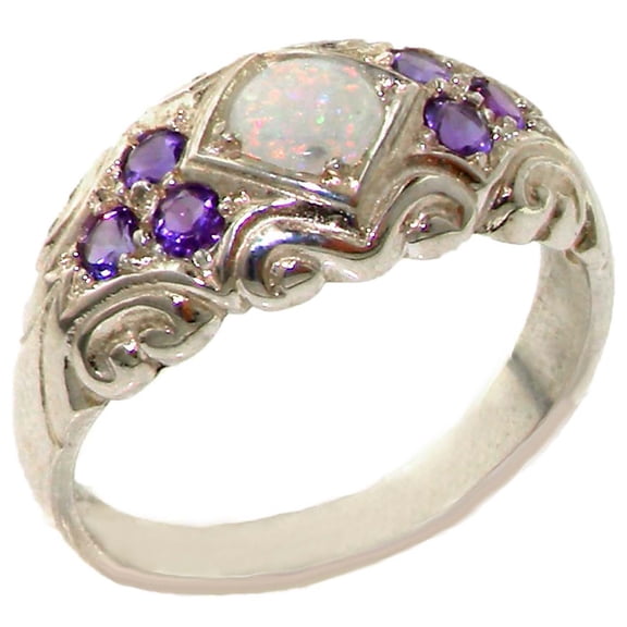 LBG 925 Sterling Silver Natural Opal and Amethyst Womens Promise Ring - Size 9.5