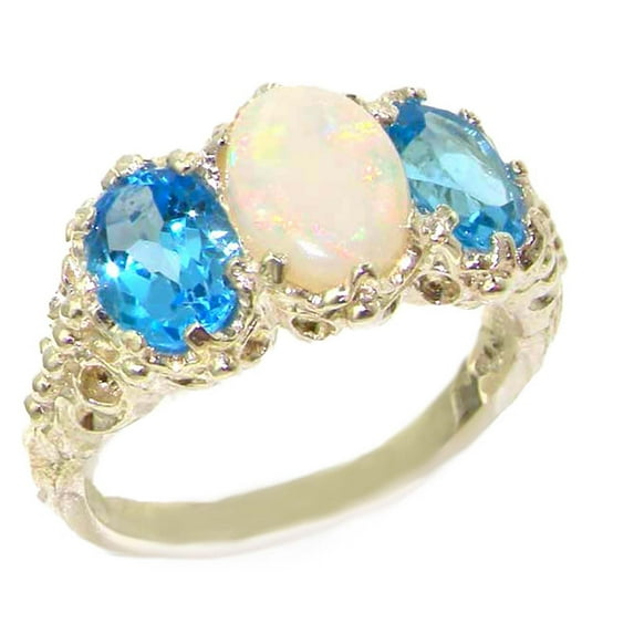 LBG 925 Sterling Silver Natural Opal and Blue Topaz Womens Anniversary Ring - Size 6.25