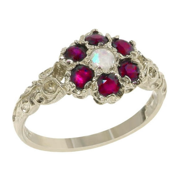 LBG 925 Sterling Silver Natural Opal and Ruby Womens Cluster Ring - Size 5.75