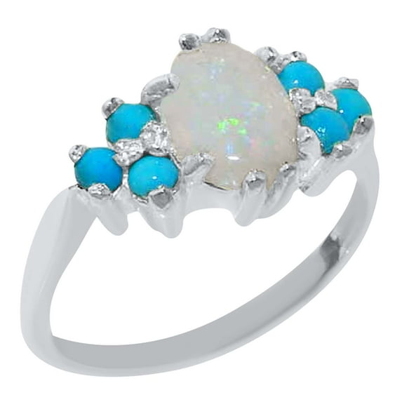 LBG 925 Sterling Silver Natural Opal and Turquoise Womens Anniversary Ring - Size 6.25