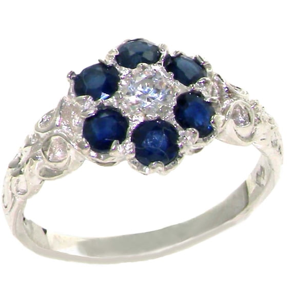 LBG 925 Sterling Silver Natural Sapphire & Diamond Womens Cluster Ring - Size 7.75 (0.09 cttw, H-I Color, I2-I3 Clarity)
