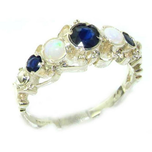LBG 925 Sterling Silver Natural Sapphire and Opal Womens Band Ring - Size 5