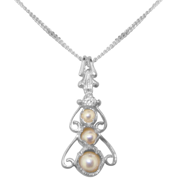 LBG 925 Sterling Silver Pendant & Chain with Cultured Pearl & Cubic Zirconia Womens Bohemian Pendant & Chain - Chain length 16